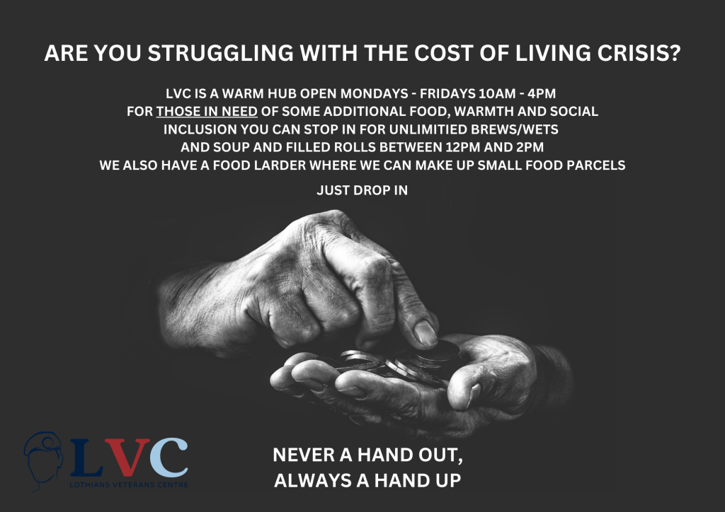 Are you struggling with the cost of living crisis? LVC IS A WARM HUB OPEN MONDAYS - FRIDAYS 10AM - 4PM FOR THOSE IN NEED OF SOME ADDITIONAL FOOD, WARMTH AND SOCIAL INCLUSION YOU CAN STOP IN FOR UNLIMITIED BREWS/WETS AND SOUP AND FILLED ROLLS BETWEEN 12PM AND 2PM WE ALSO HAVE A FOOD LARDER WHERE WE CAN MAKE UP SMALL FOOD PARCELS JUST DROP IN